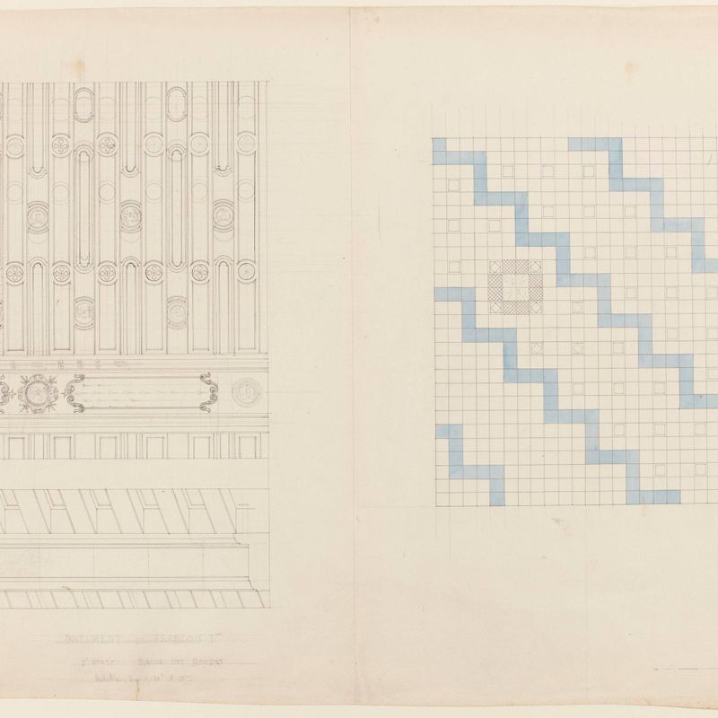 Deux dessins d'un projet de décor et de carrelage pour un château non identifié.