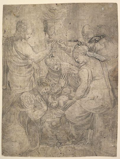 The Christ Child in the Cradle surrounded by adoring figures
