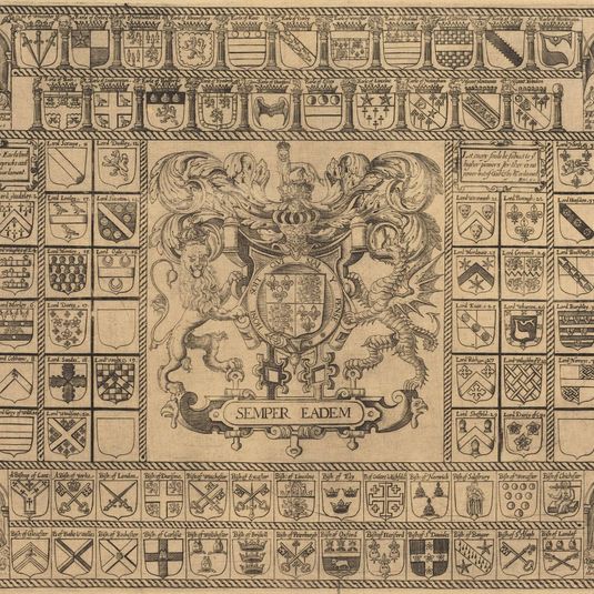 Coats of Arms with Corner Portraits of Henry VII, Henry VIII, Edward VI, and Mary