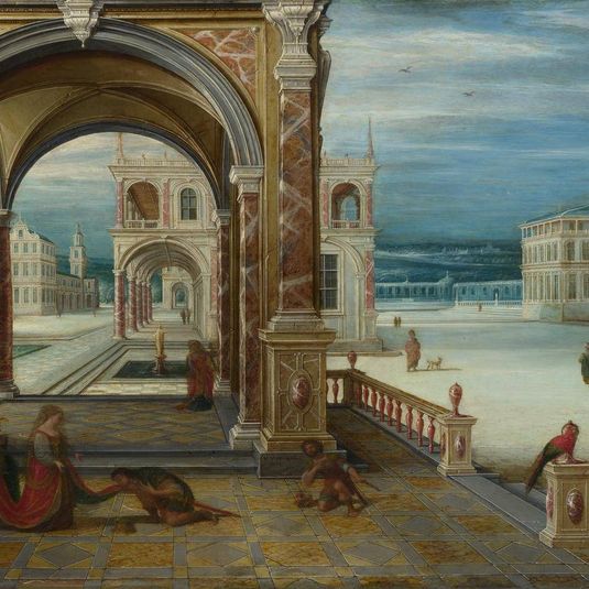 A Man kneels before a Woman in the Courtyard of a Renaissance Palace