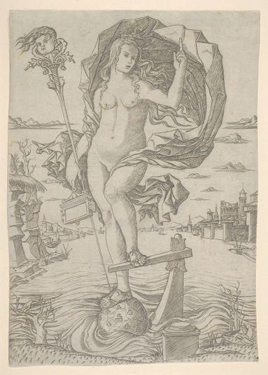 A naked female figure representing Fortune