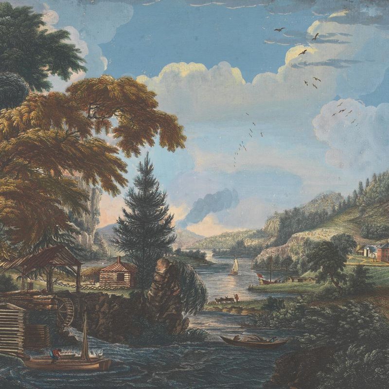 One of Six Remarkable Views in the Provinces of New York, New Jersey and Pennsylvania from SCENOGRAPHI AMERICANA: A Design to represent the beginning and completion of an American Settlement or Farm.