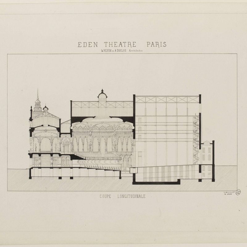 Coupe longitudinale du théâtre Eden, rue Boudreau, IXe arrondissement, Paris