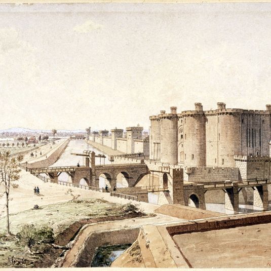 La Bastille en 1420, chemin (route) de Vincennes, entre la tour de Billy et la porte Saint-Antoine. Le bastillon, enceinte Charles V.