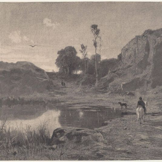 A Rider by a Mountain Pond at Sunset