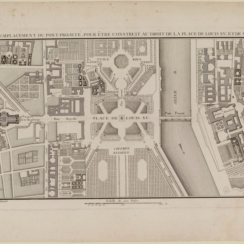 Plan de l'emplacement du pont projeté, pour être construit au droit de la place de Louis XV, et de ses environs.