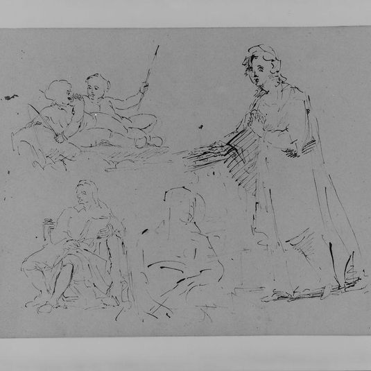 Five Figure Sketches: A Woman Descending a Staircase; Two Children Fishing; Male Seated; Woman Seated (from Sketchbook)