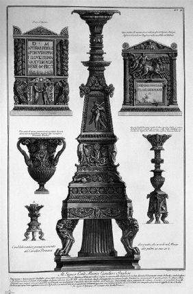 Three candlesticks, a vase and two stones