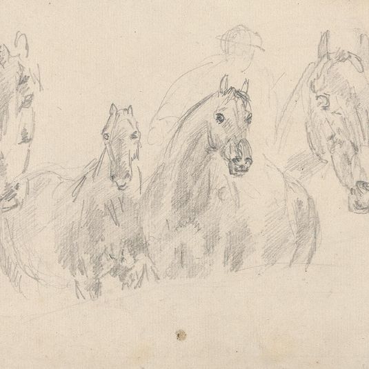 Four horses, figure faintly sketched in background