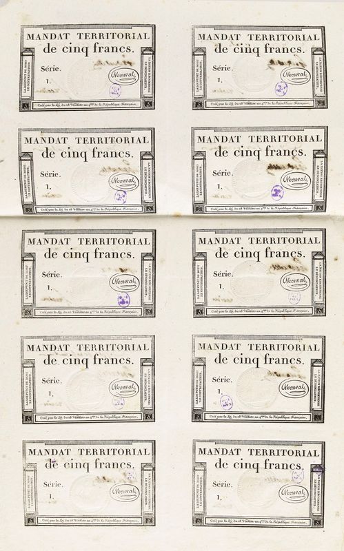 Planche de dix mandats territoriaux de 5 francs, type vérificateur, série 1., 28 Ventôse an 4