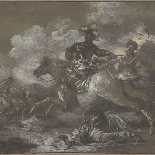 Cavalry Skirmish with a Fallen Soldier at Right