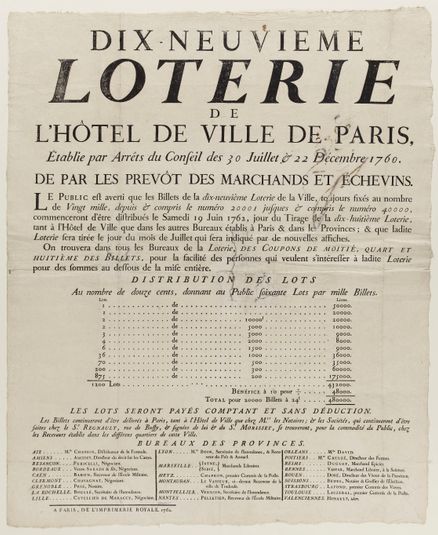 DIX-NEUVIEME/ LOTERIE/ DE/ L'HÔTEL DE VILLE DE PARIS,/ Etablie par Arrêts du Conseil des 30 Juillet & 22 Décembre 1760./ DE PAR LES PREVÔT DES MARCHANDS ET ECHEVINS./ LE PUBLIC est averti que les Billets de la dix-neuvième Loterie de la Ville, toujours...