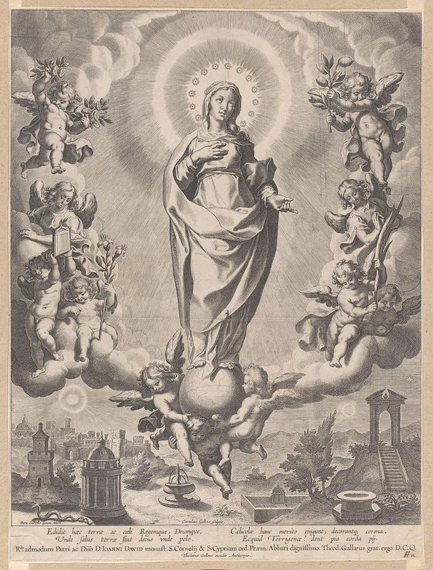 The Virgin in Glory, standing on clouds and surrounded by angels holding the symbols of the Immaculate Conception