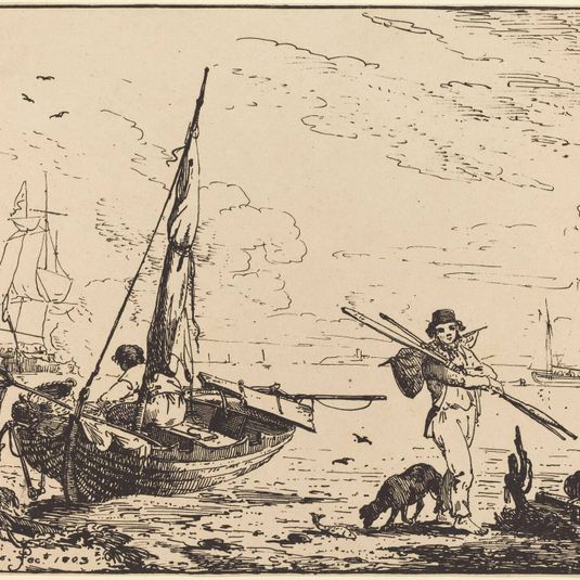 Marine: Fishing Boats on Shore, Man with Oars, Ship in Distance