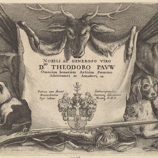 Titlepage with hounds and hunting equipment