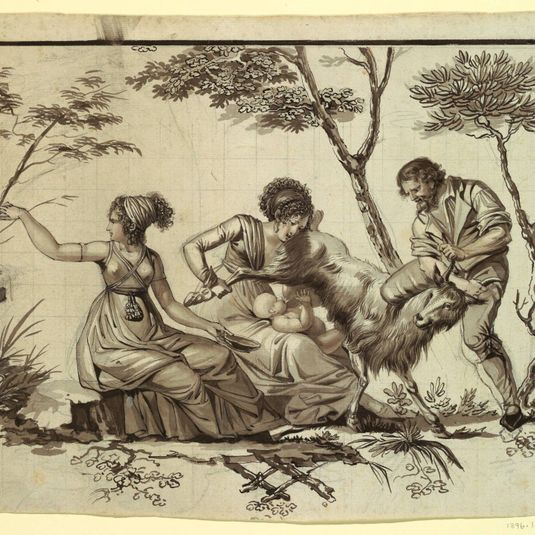 Fragment of a cartoon for cotton printing: Fauchon la Vielleuse