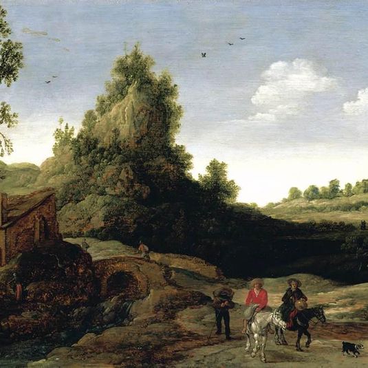 A landscape with travellers crossing a bridge before a small dwelling