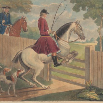 Hunting [two of a set of twelve]: 7. [A rider putting horse to a gate]