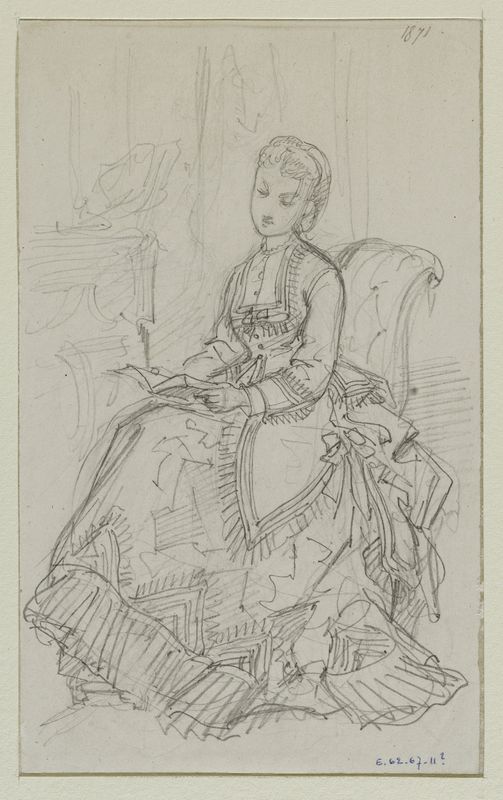 Femme en robe à volants, assise et lisant près d'une cheminée, Fonds d’archives graphiques de Maurice Leloir