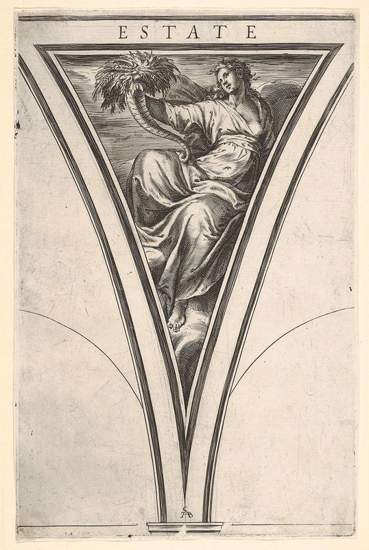 Summer (Estate), represented as a robed woman bearing a horn of plenty, a spandrel-shaped composition from the series 'The Four Seasons' after Polidoro da Caravaggio