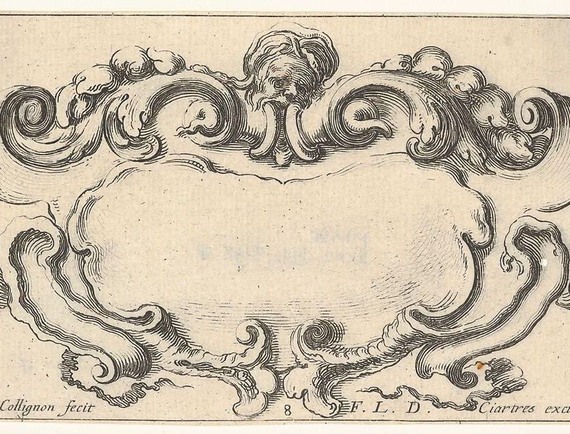 Plate 8: a cartouche with the head of an old man at top center, scrollwork to either side, from 'Twelve cartouches' (Recueil de douze cartouches)