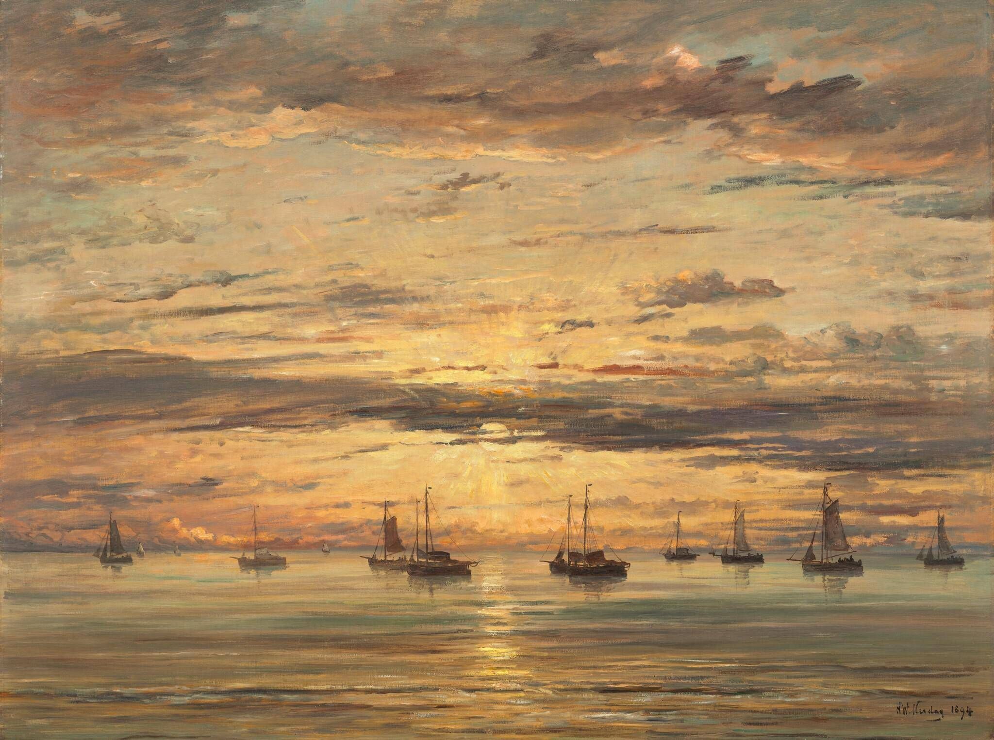 Sunset at Scheveningen:  A Fleet of Fishing Vessels at Anchor