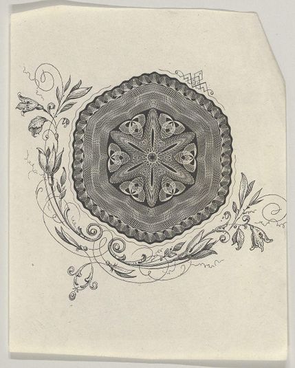 Banknote motif: hexagonal ornament with rippled edges with a pointed star at its center and flowers and leaves below