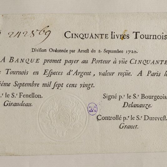 Billet de 50 livres tournois, Banque de Law, n° 242869, 2eme septembre 1720