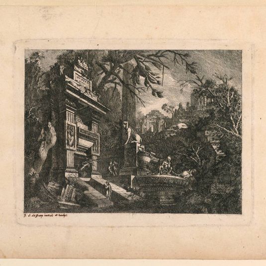 Architectural Fantasy with Tomb and Ruins, Plate from "Rovine Inventione de Giovan. Loren, Legeay Architet. Intagliate da lui stesso in Luce 1768"