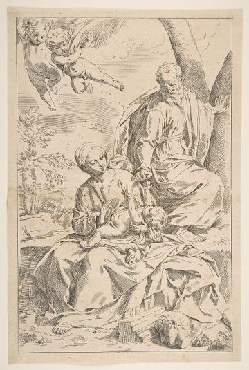 Rest on the flight into Egypt, Mary holding the infant Christ while St. Joseph hands him a fruit