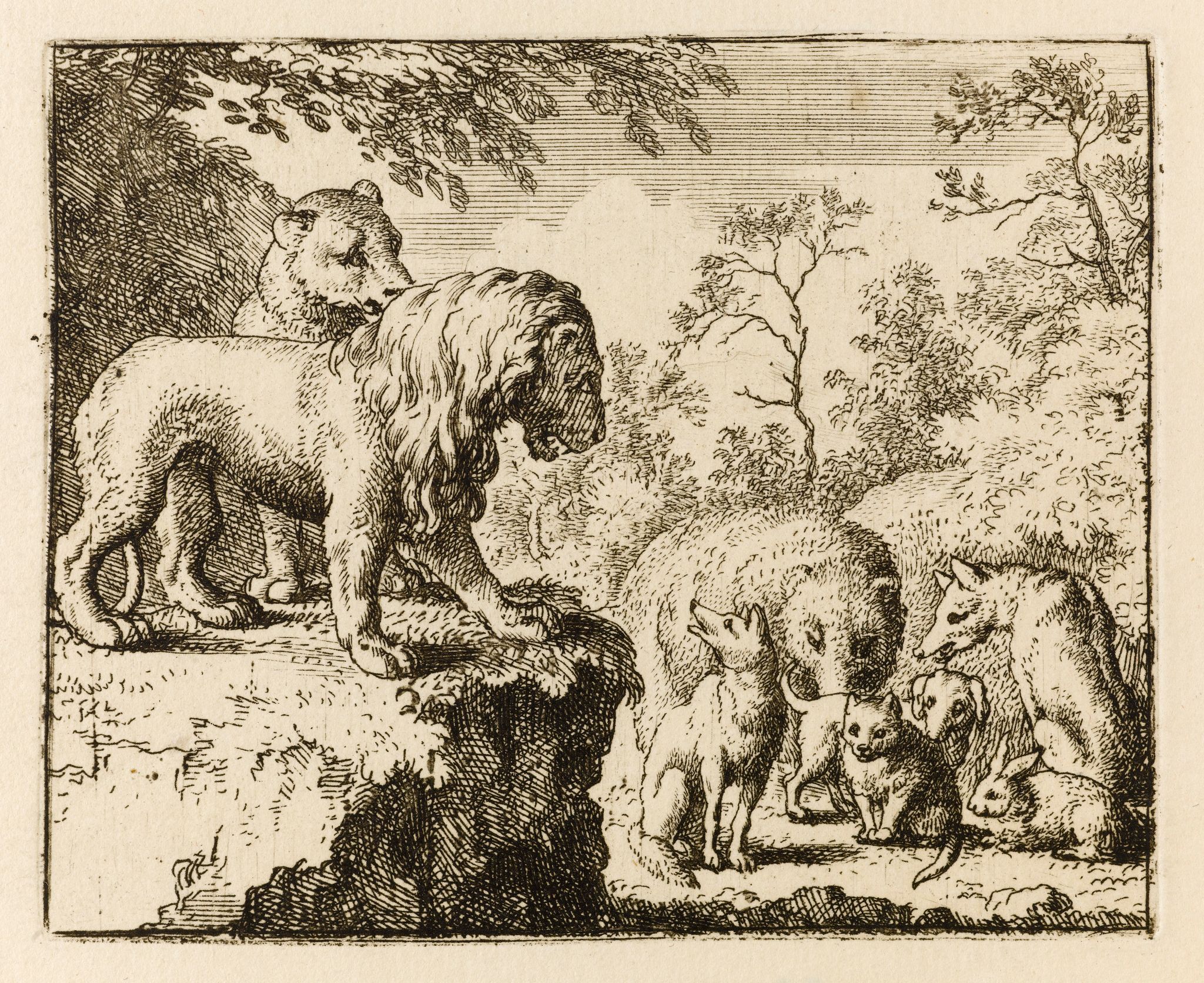 Le Roman de Renard : 32 - Le Lion pardonnant au renard ordonne aux autres animaux d'oublier ses crimes (Bartsch 32)