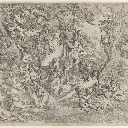 The Garden of Venus who reclines in the centre before a term of Pan and surrounded by cupids