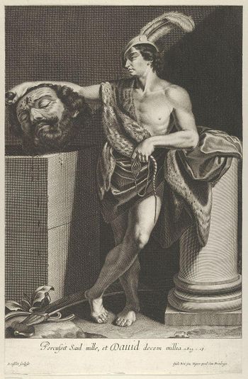 David standing with crossed legs and holding the head of Goliath on a pedestal at left, a sword on the ground, after Reni