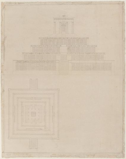 Projet de monument commémoratif à degrés, avec petit temple dorique au sommet, le fronton du temple orné d'un bonnet phrygien