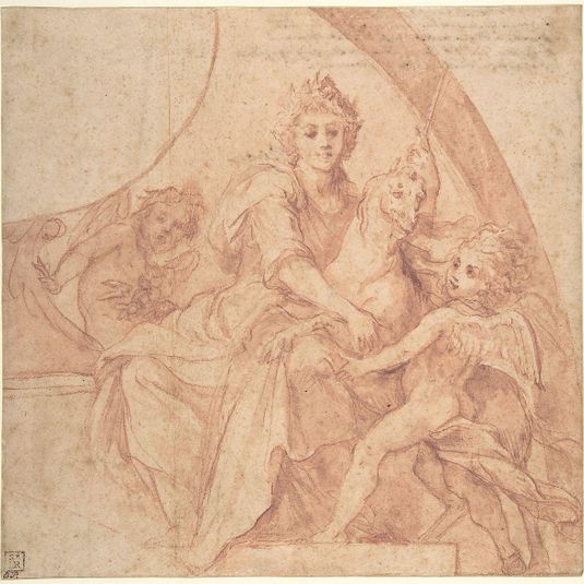 Allegorical Figure of Purity with a Unicorn and Two Putti (recto); Study of the Same Figures (verso)