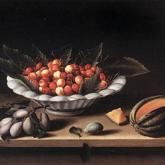 Bowl of Cherries with Plums and Melons