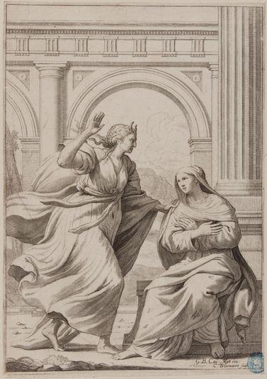 Une Vieille femme ayant des cornes sur la tête et maltraitant une jeune femme d'après Muti (Dutuit p. 40, Le Blanc 222)