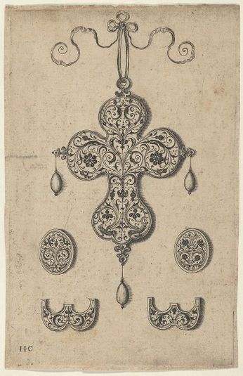 Design for the Verso of a Cross-Shaped Pendant Above a Pair of Oval Ornaments and Axe-Shaped Ornaments
