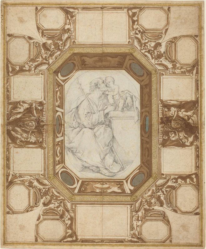 Ceiling with Allegorical Figures and the Arms of Pope Sixtus V (Guerra's outer drawing); Saint Joseph and the Christ Child (Viani's central drawing)