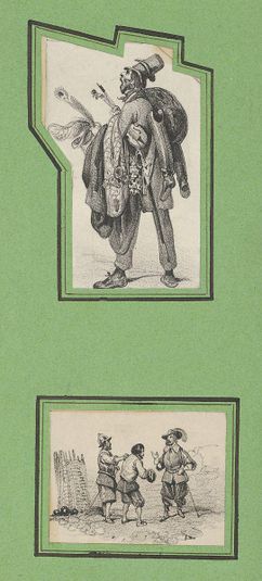 Soldiers and a Peddlar (2 prints of varying size mounted onto a green sheet)