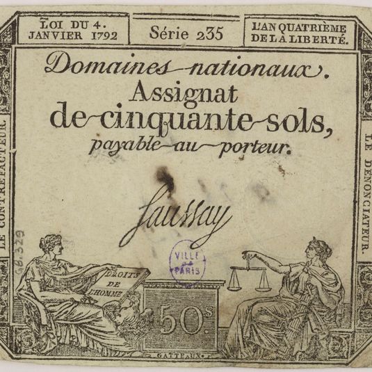 Assignat de 50 sols, série 235me, 4 janvier 1792