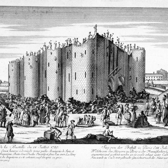 Démolition de la Bastille à la suite de la prise de celle-ci, courant Juillet 1789. Evénement de la révolution française.