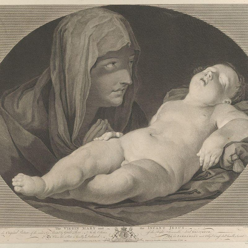 The Virgin in prayer, looking at the sleeping infant Christ, in an oval frame, after Reni