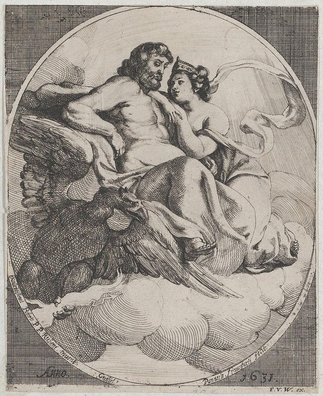 Jupiter and Juno seated on clouds, with an eagle holding thunderbolts below at left