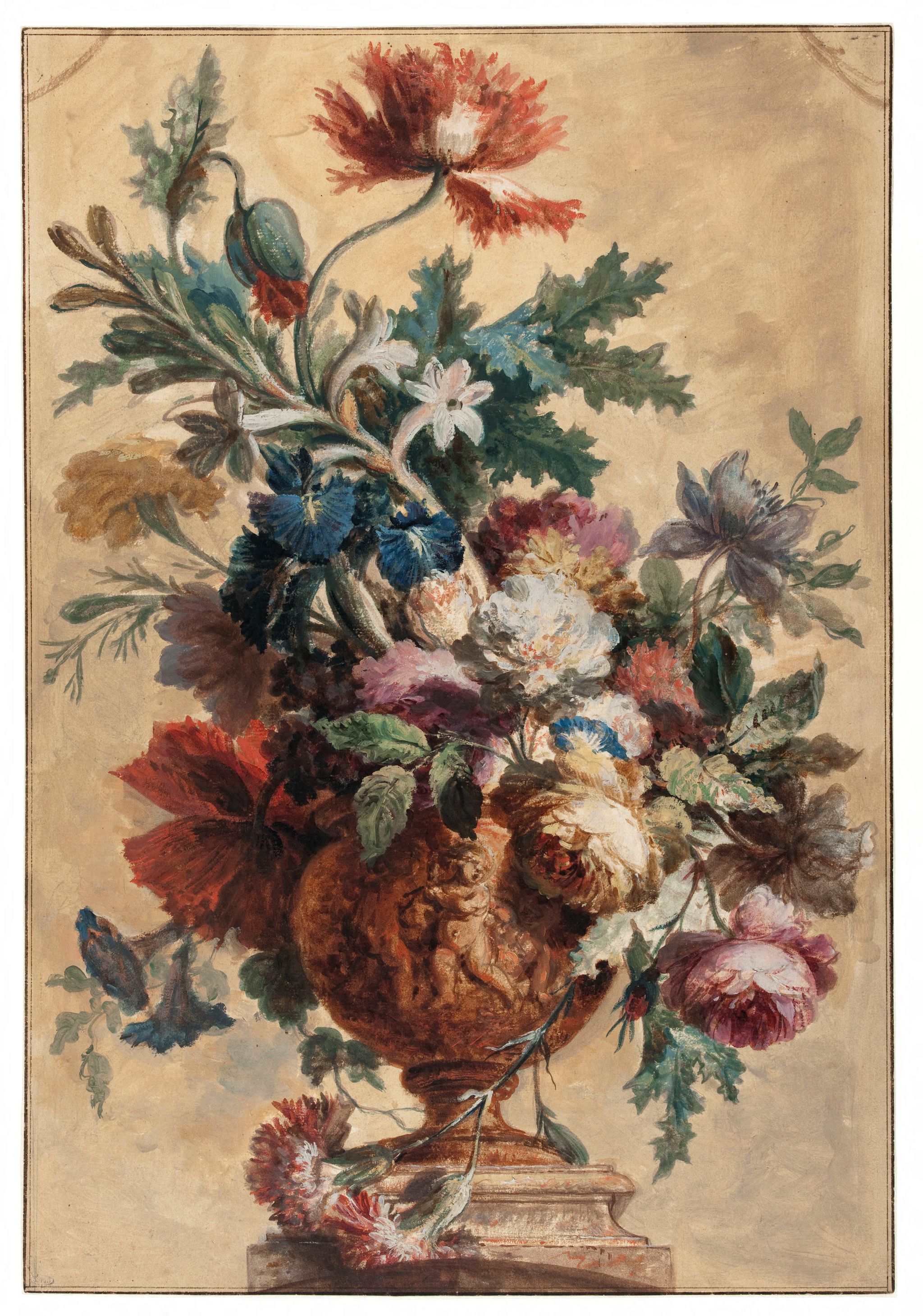 Fleurs dans un vase, décor d'un amour sur la panse (Lugt 45)