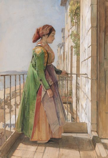 A Greek Girl Standing on a Balcony