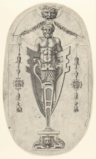 Male Terminal Figure; Torso with Beard and Turban on a Half-Length Pedestal Enclosed by a Shield