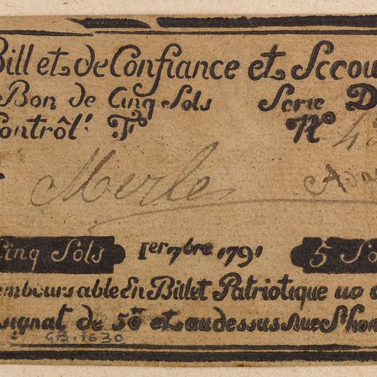 Billet de confiance et de secours de 5 sols, caisse de confiance du 695 rue Saint-Honoré, série D, n° 438-P, 1er 7bre 1791