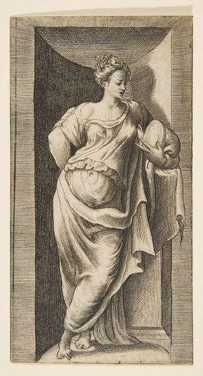 A muse standing in a niche, left arm resting in a ledge