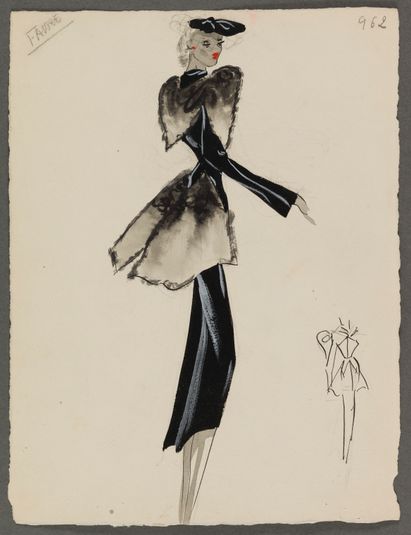 Manteau court noir avec empiècements de fourrure grise, 1938, Fonds d'arts graphiques de la maison Max Fourrures